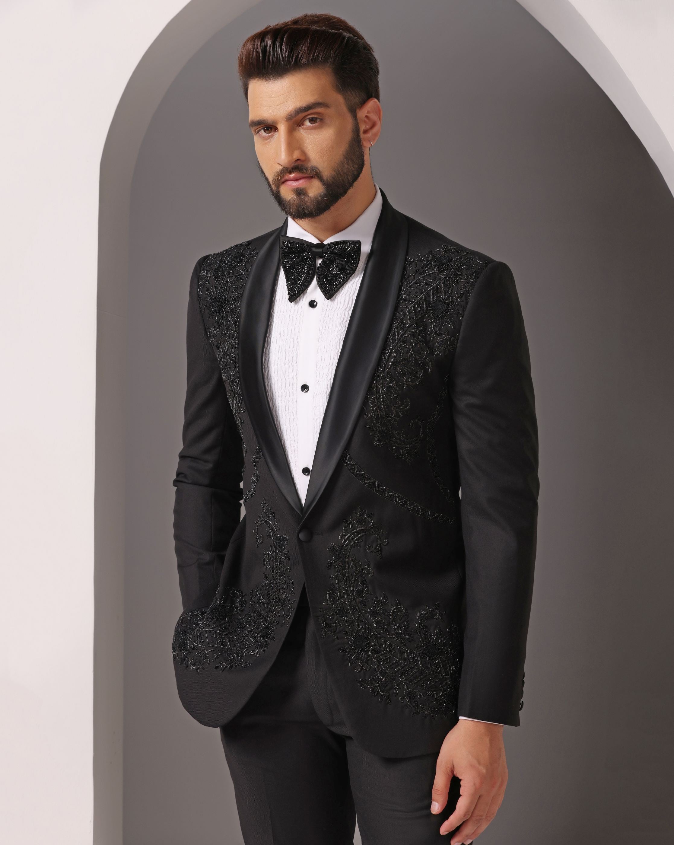 Opulent Black: Tuxedo with Hand-Embroidered Dabka Work