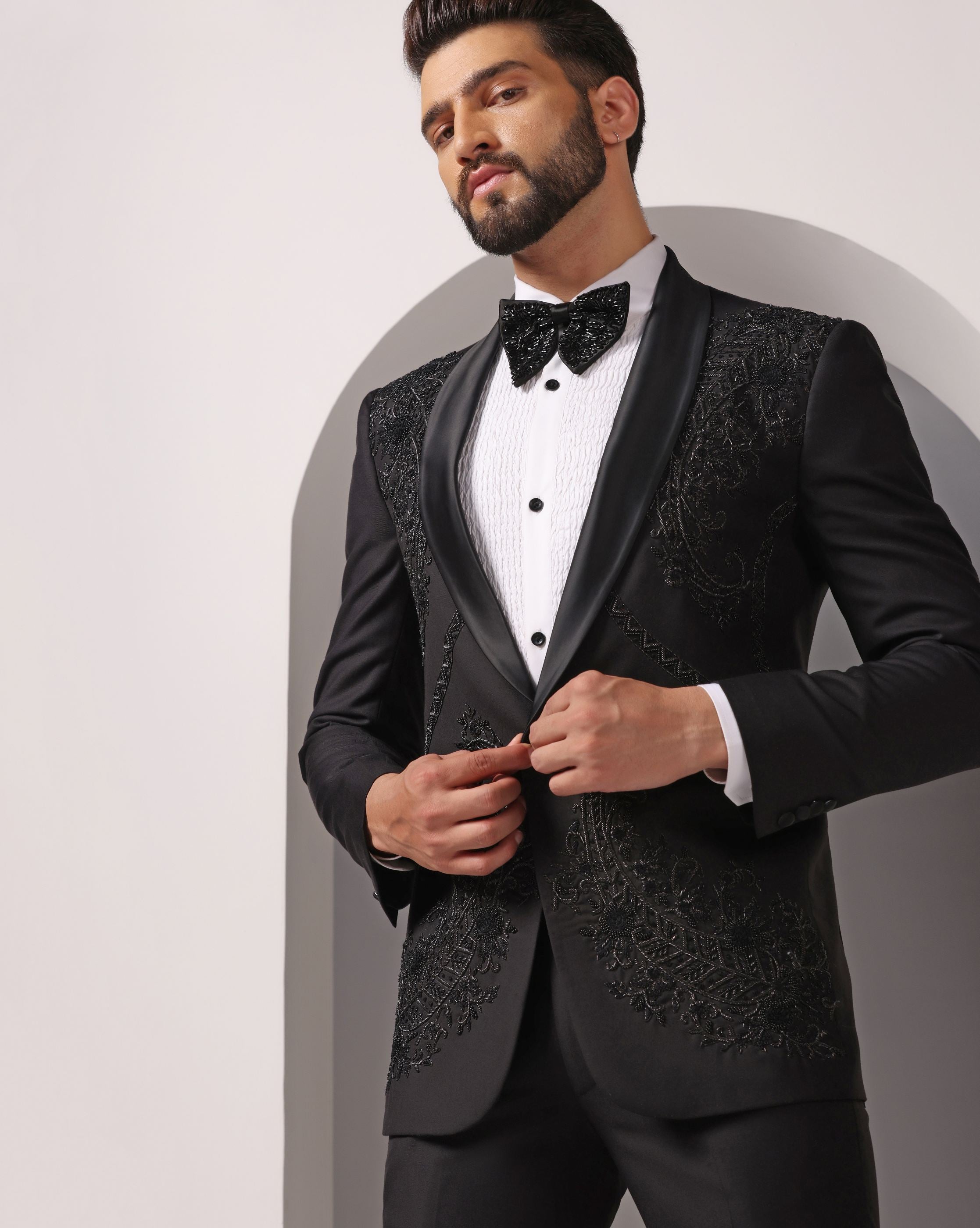 Opulent Black: Tuxedo with Hand-Embroidered Dabka Work