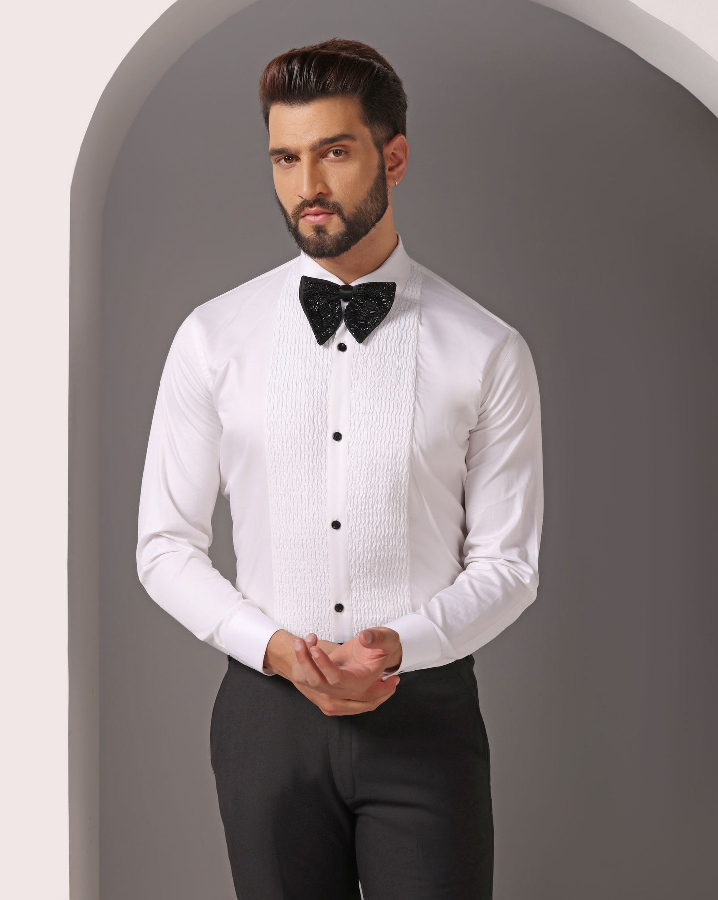 White pintuck tuxedo shirt timeless formal | Bhavya Bhasin Couture