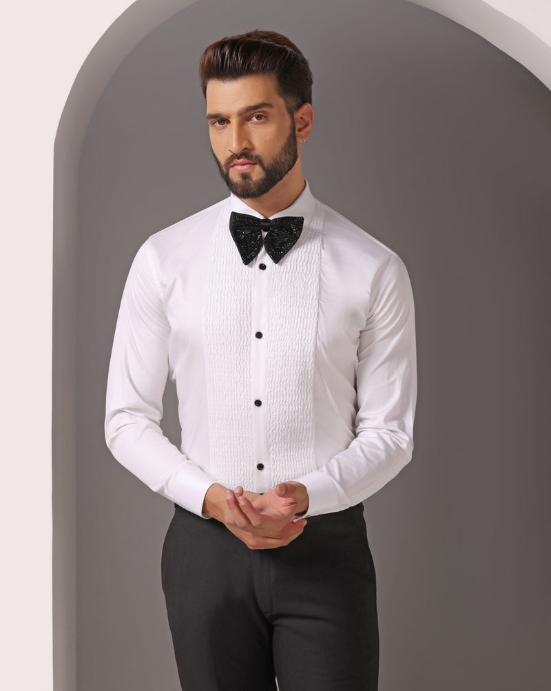 Timeless Elegance: White Pintuck Tuxedo Shirt