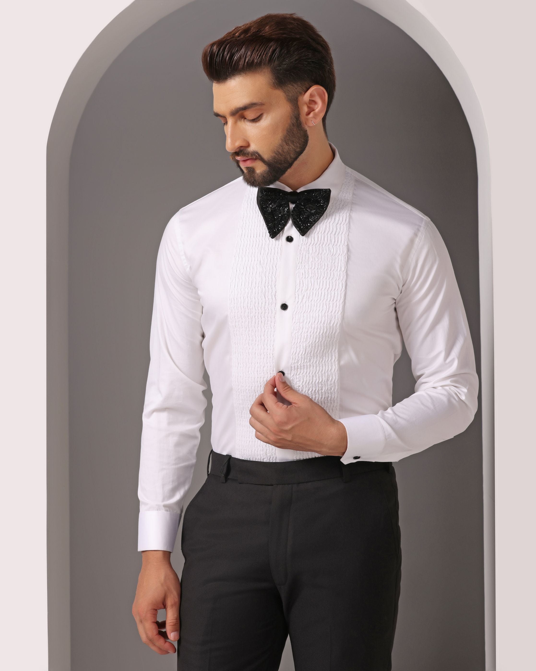 Timeless Elegance: White Pintuck Tuxedo Shirt