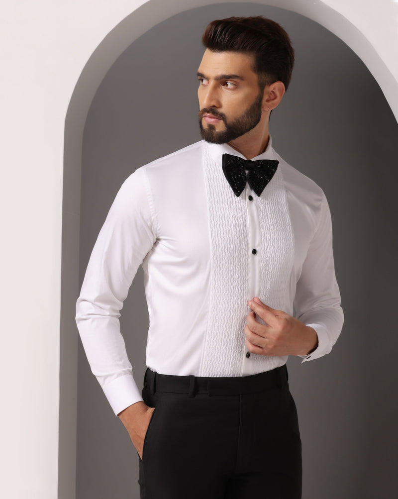 Timeless Elegance: White Pintuck Tuxedo Shirt