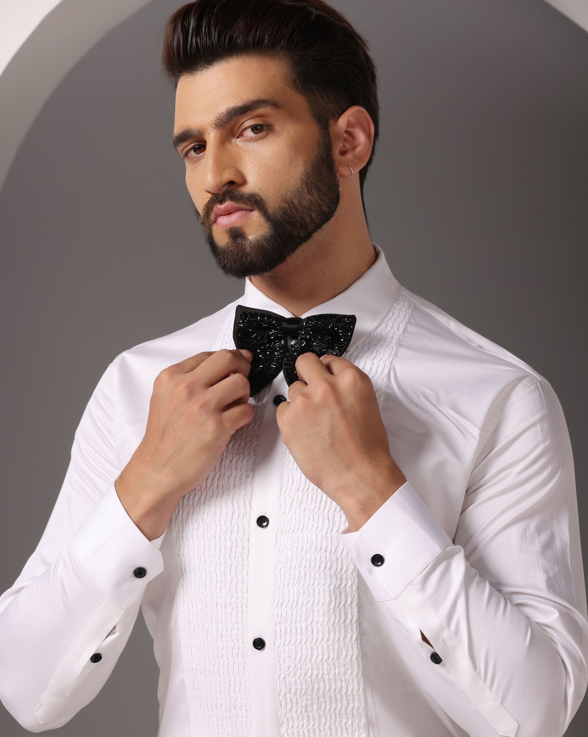 Timeless Elegance: White Pintuck Tuxedo Shirt