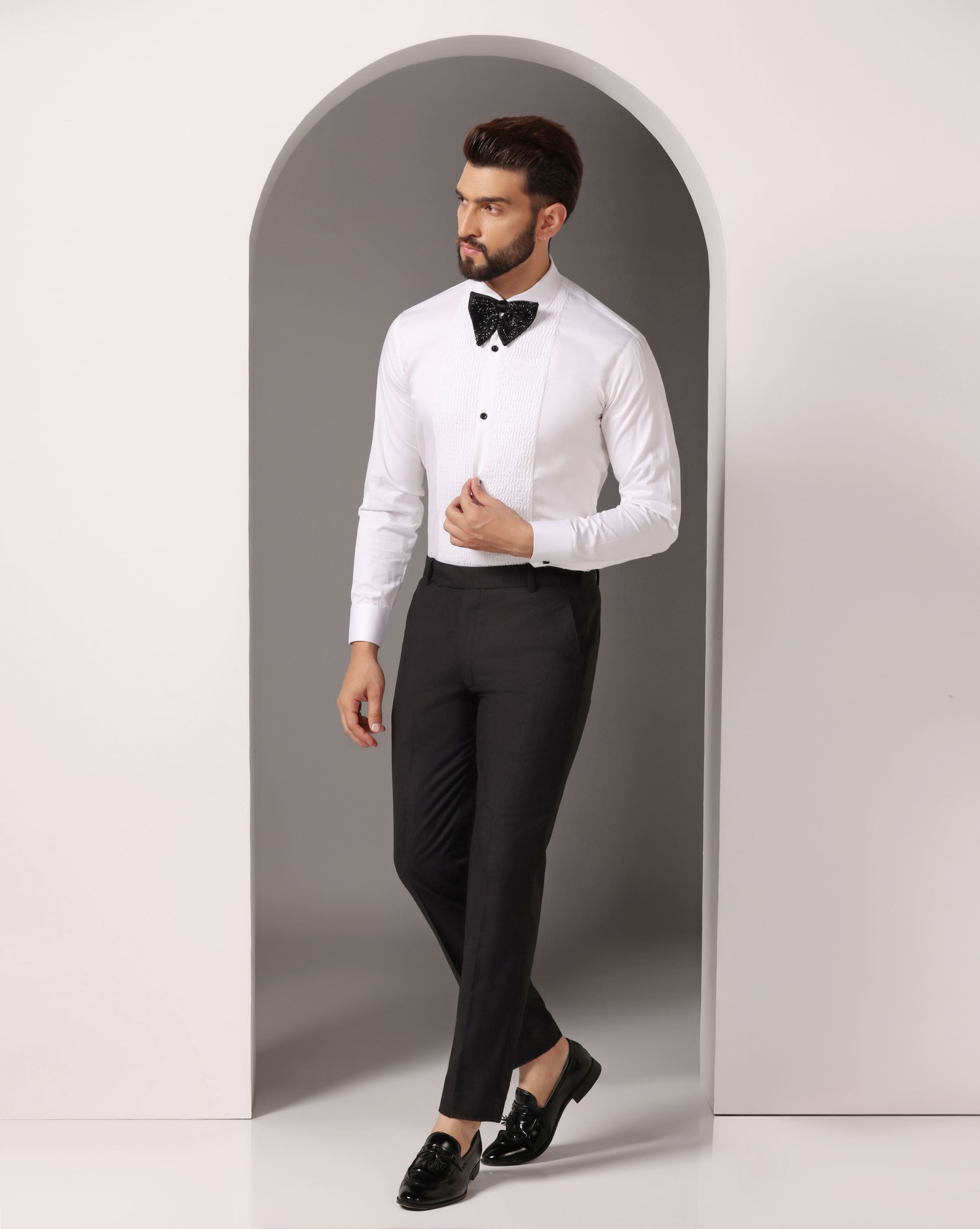 Timeless Elegance: White Pintuck Tuxedo Shirt