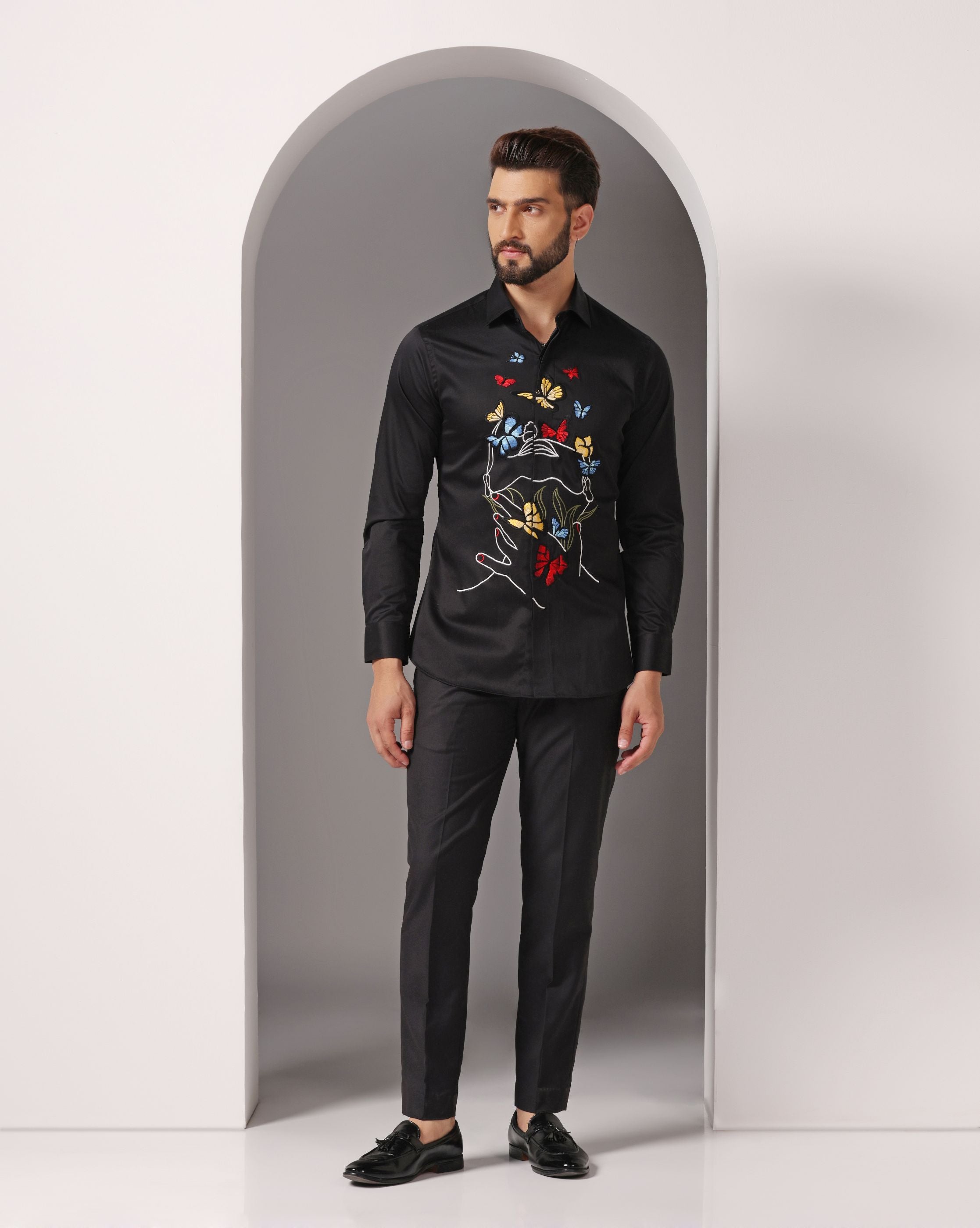 Vibrant Threads: Black Shirt with Multicolor Embroidery