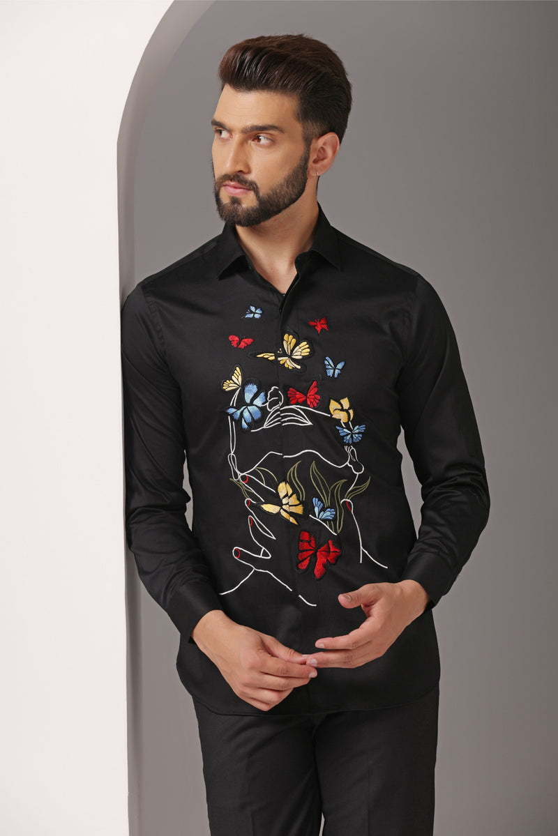 Vibrant Threads: Black Shirt with Multicolor Embroidery