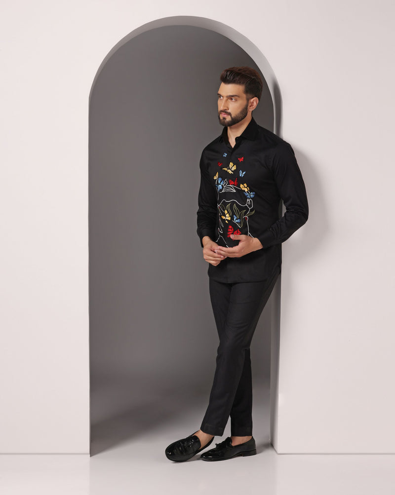 Vibrant Threads: Black Shirt with Multicolor Embroidery