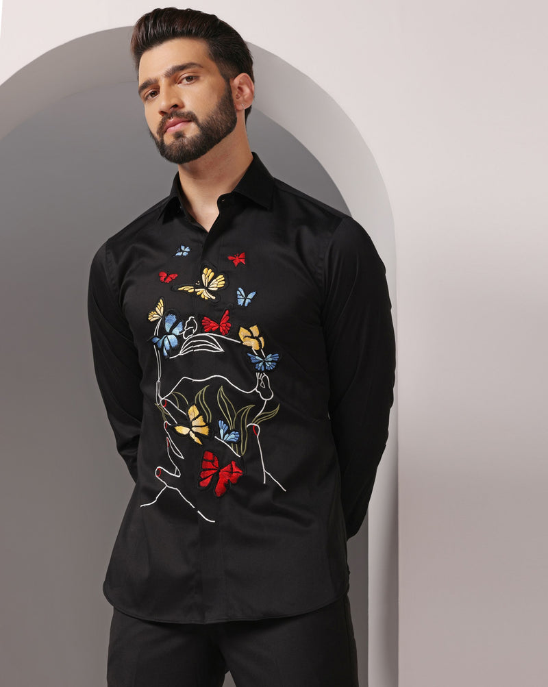 Vibrant Threads: Black Shirt with Multicolor Embroidery