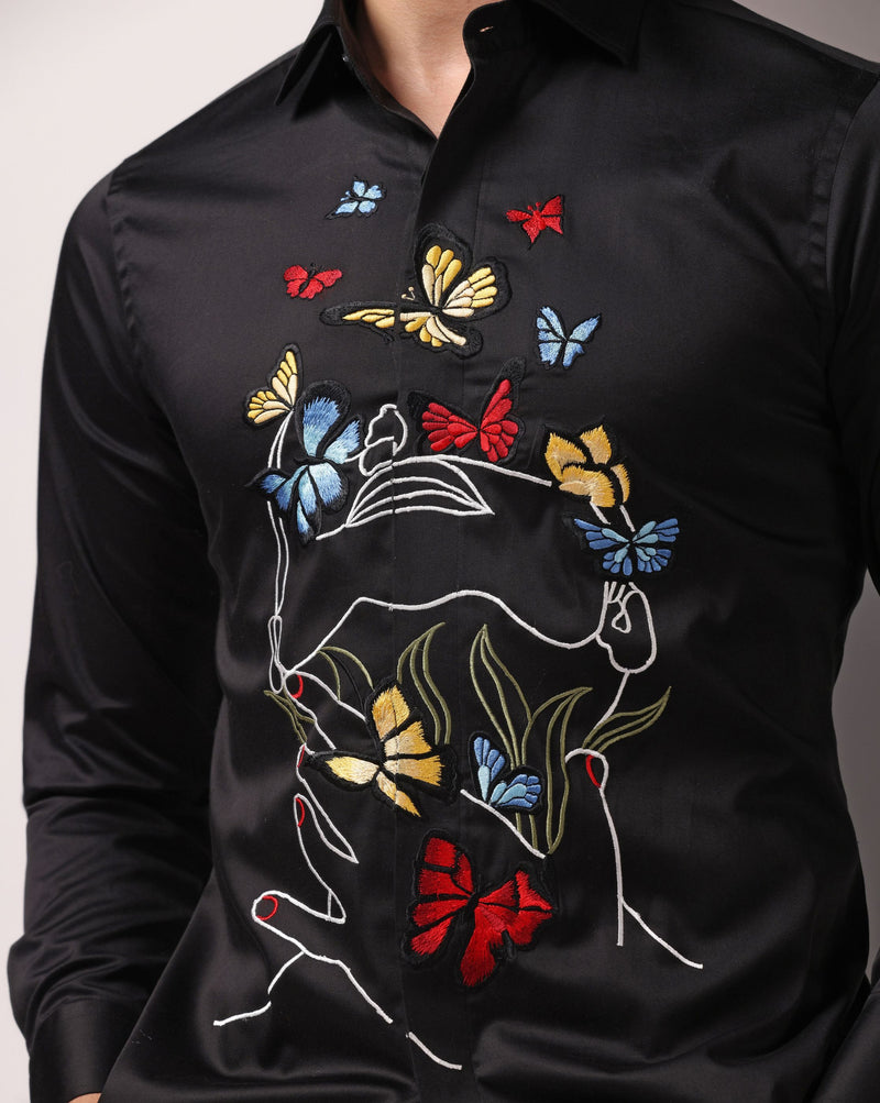 Vibrant Threads: Black Shirt with Multicolor Embroidery