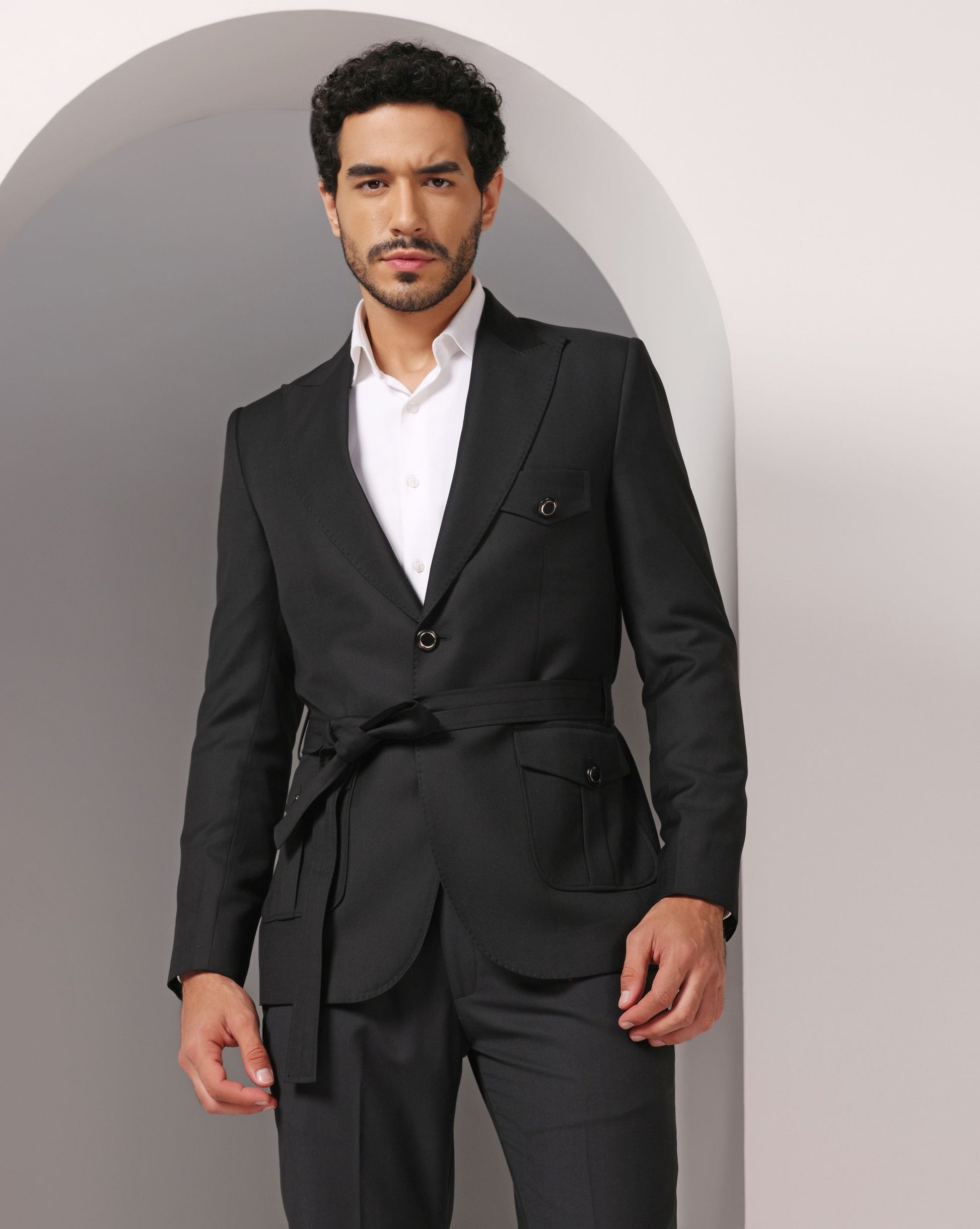 Black stretch formal suit noir flexibility | Bhavya Bhasin Couture