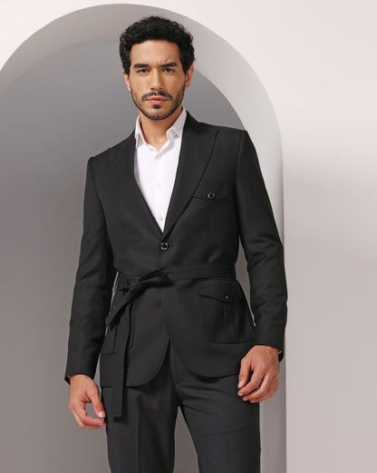 Black stretch formal suit noir flexibility | Bhavya Bhasin Couture