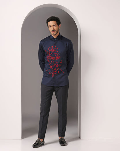 Blue shirt with vibrant red machine embroidery | Bhavya Bhasin Couture