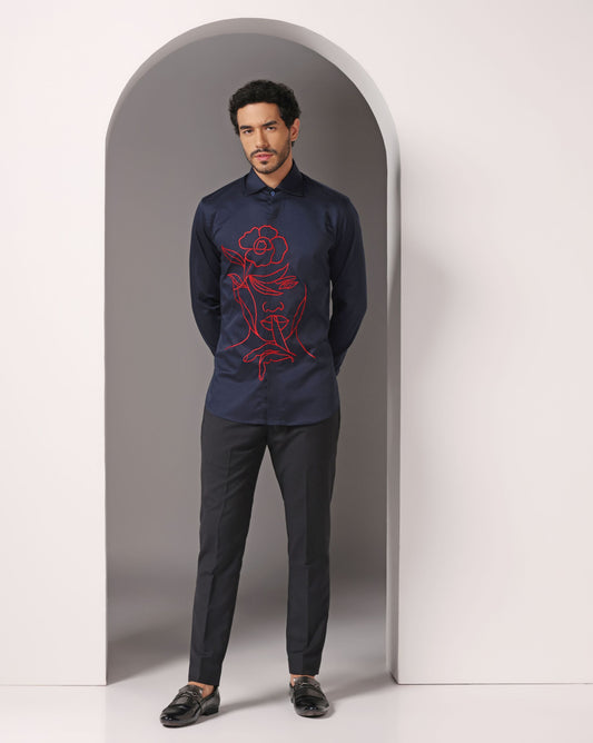 Blue shirt with vibrant red machine embroidery | Bhavya Bhasin Couture