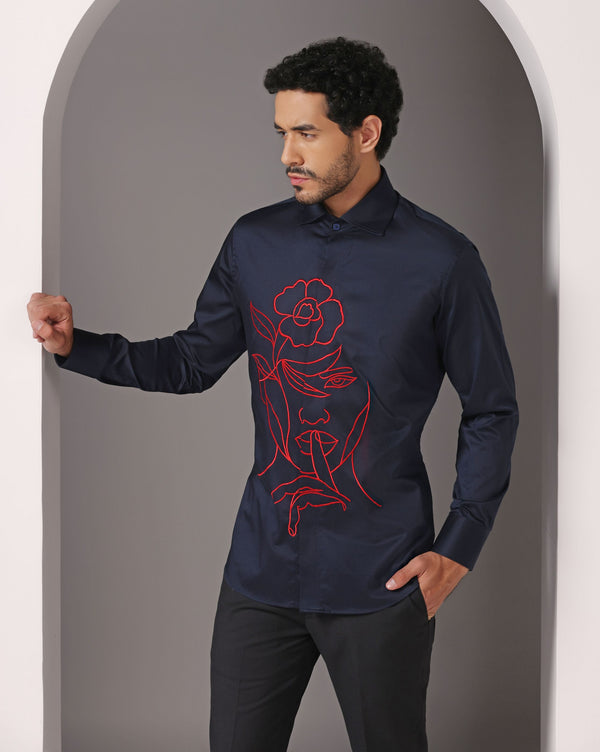Dynamic Blue: Shirt with Machine Embroidery in Vibrant Red