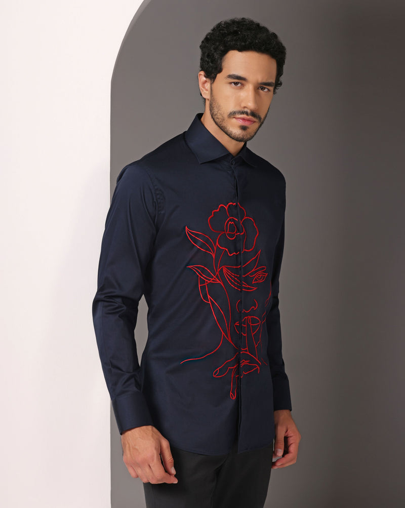 Dynamic Blue: Shirt with Machine Embroidery in Vibrant Red