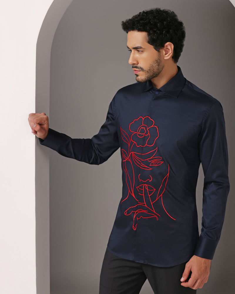 Dynamic Blue: Shirt with Machine Embroidery in Vibrant Red