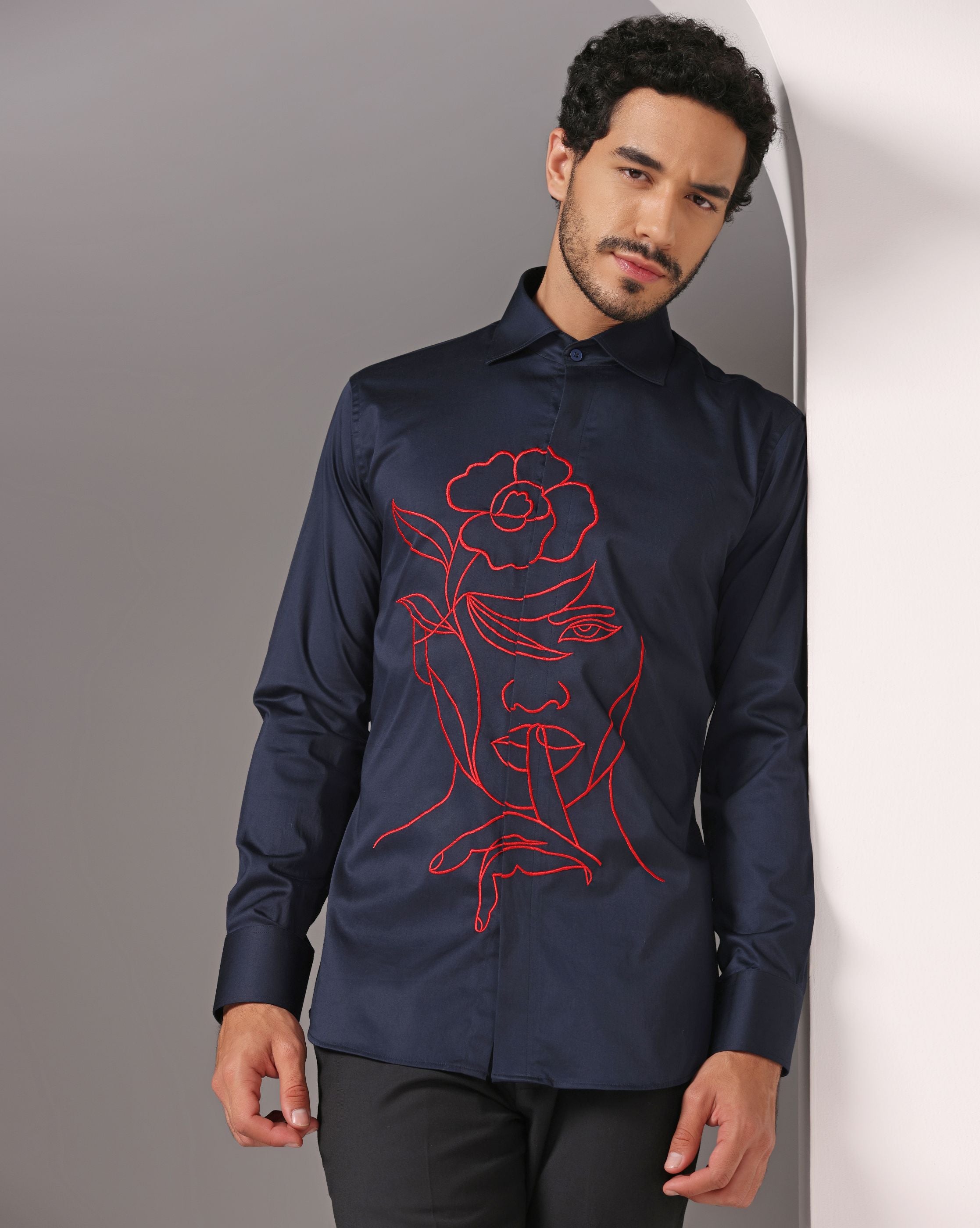 Dynamic Blue: Shirt with Machine Embroidery in Vibrant Red