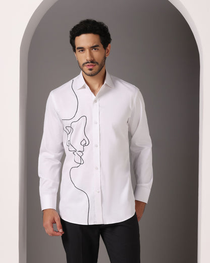 White abstract machine embroidery canvas shirt | Bhavya Bhasin Couture
