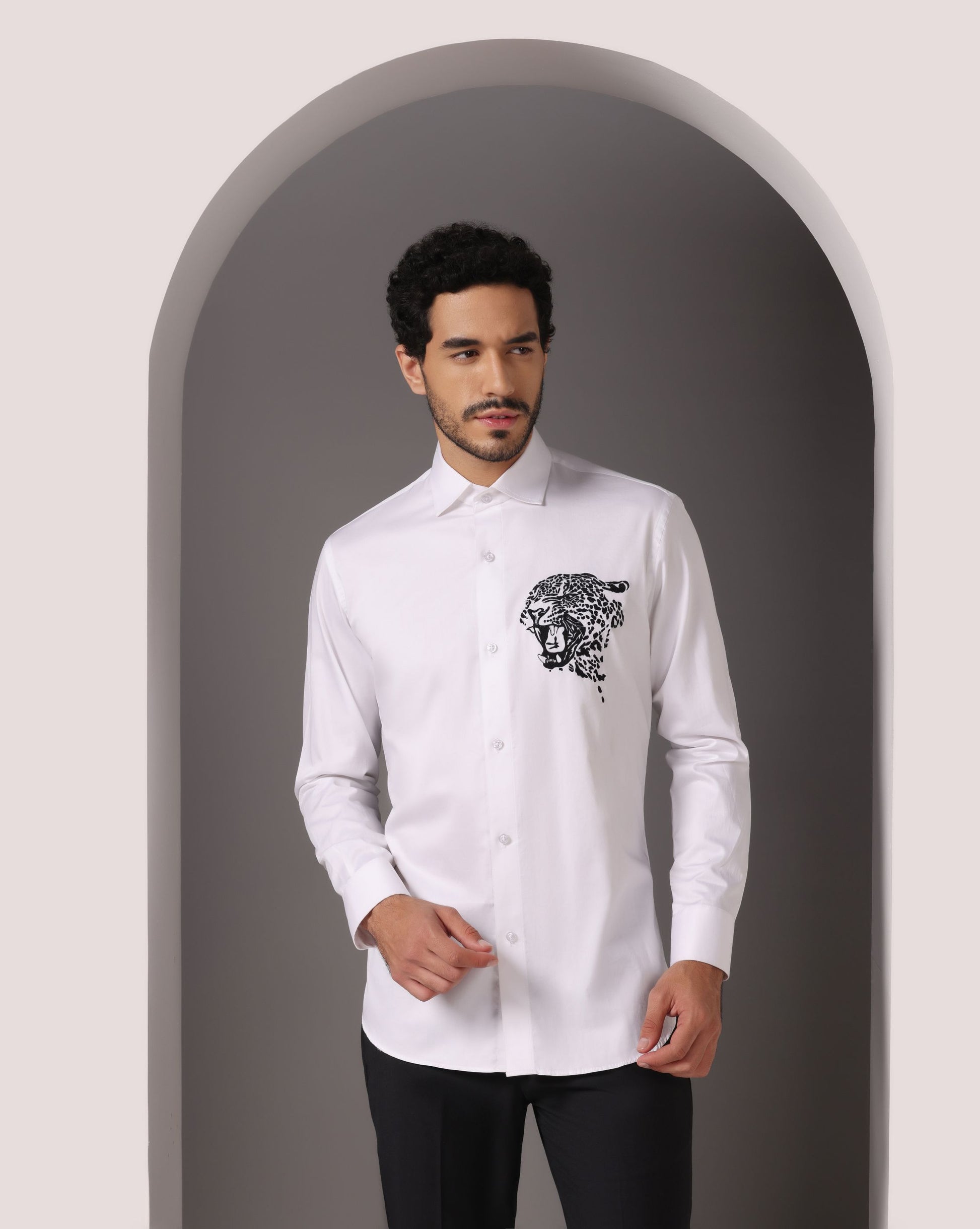 White modern abstract embroidery luxury shirt | Bhavya Bhasin Couture