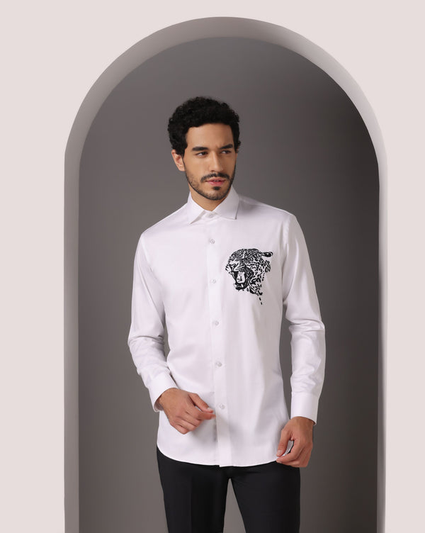 Modern Elegance: White Shirt with Abstract Machine Embroidery