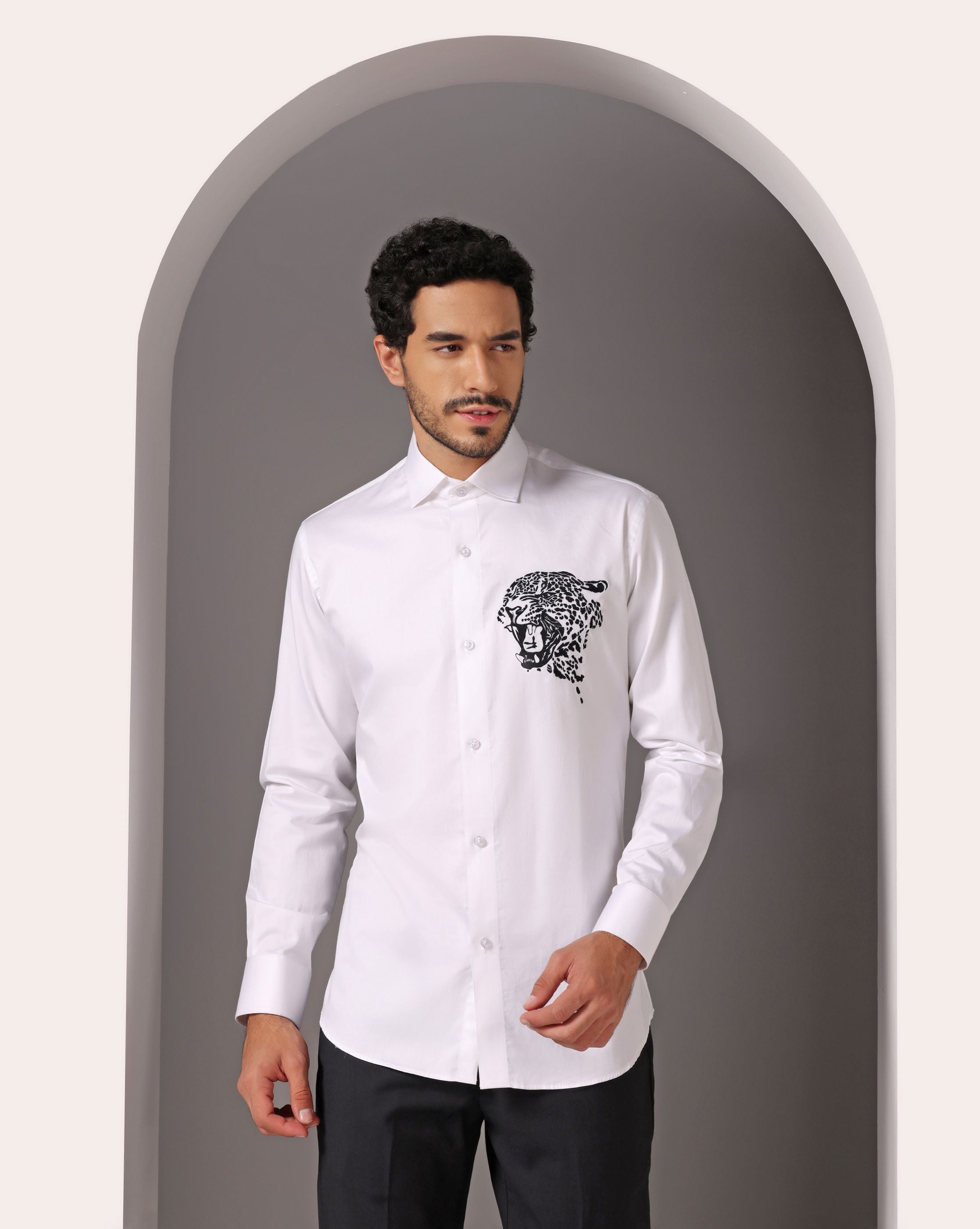 Modern Elegance: White Shirt with Abstract Machine Embroidery