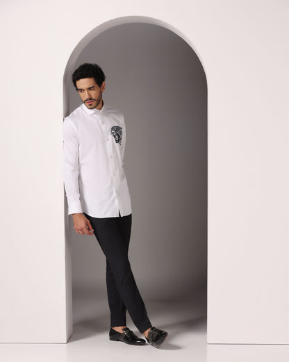 Modern Elegance: White Shirt with Abstract Machine Embroidery