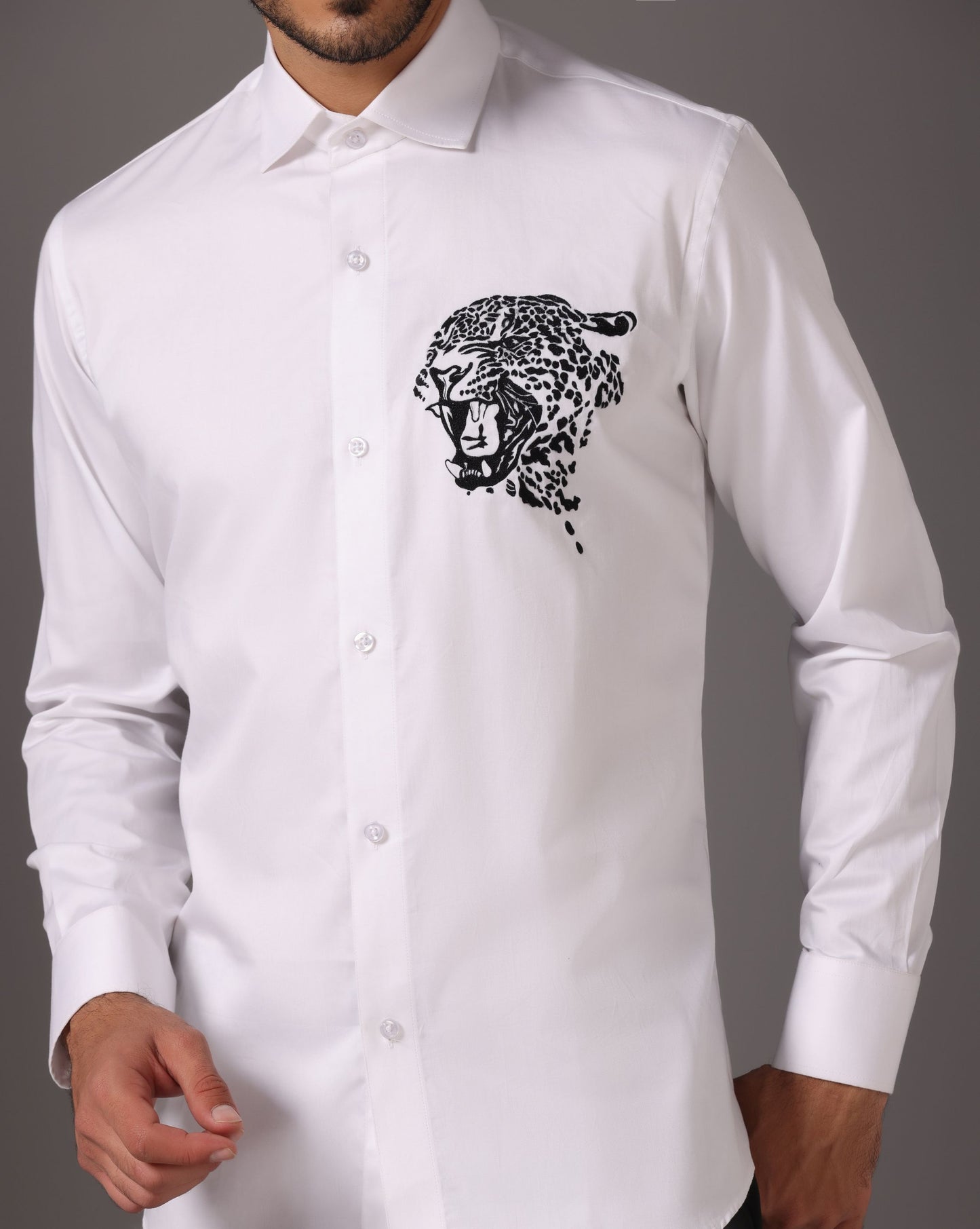 Modern Elegance: White Shirt with Abstract Machine Embroidery