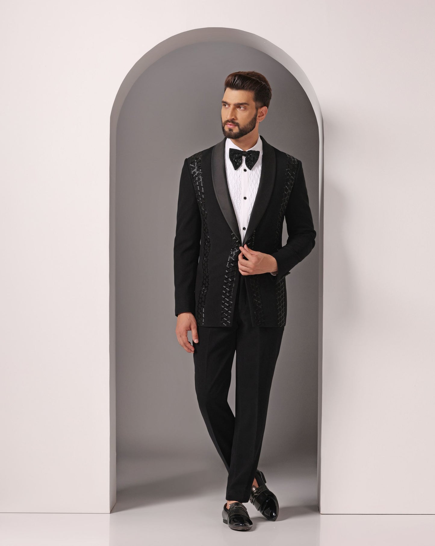 Black Cutdaana hand-embroidered tuxedo geometric | Bhavya Bhasin Couture