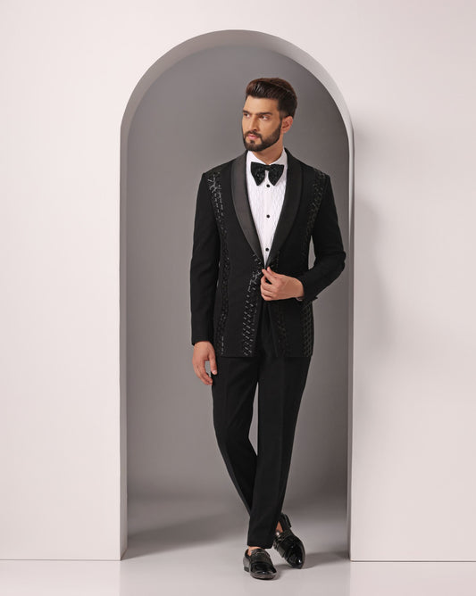 Black Cutdaana hand-embroidered tuxedo geometric | Bhavya Bhasin Couture