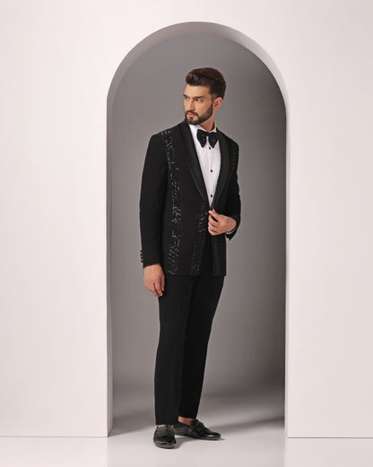 Hexagonal Elegance: Black Cutdaana Hand-Embroidered Tuxedo