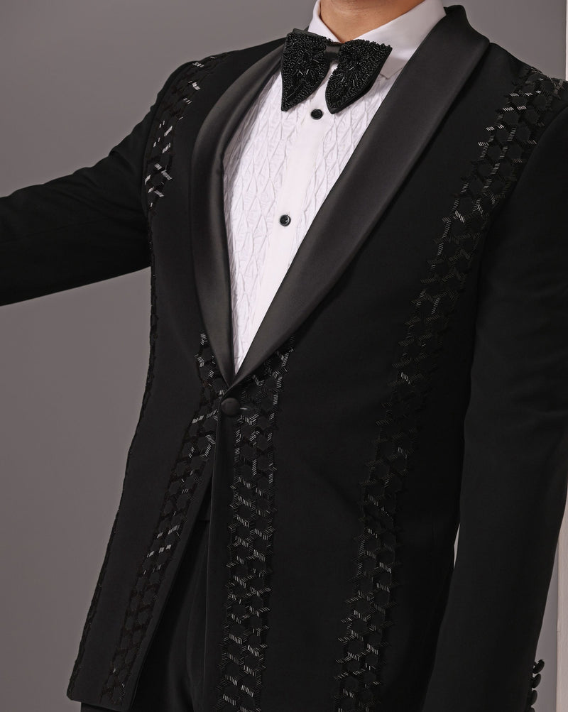 Hexagonal Elegance: Black Cutdaana Hand-Embroidered Tuxedo
