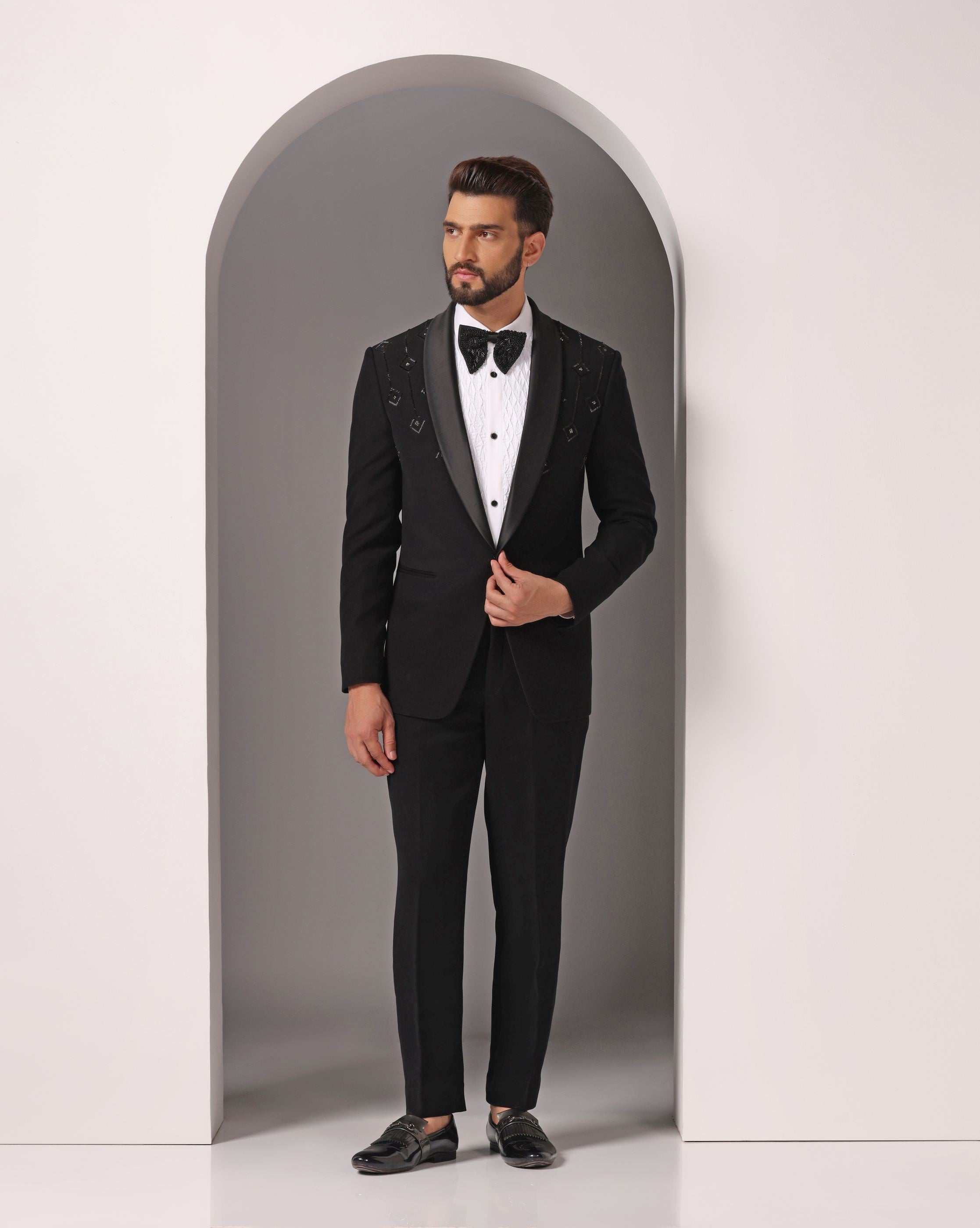 Golden Elegance: Black Cutdaana Hand-Embroidered Tuxedo