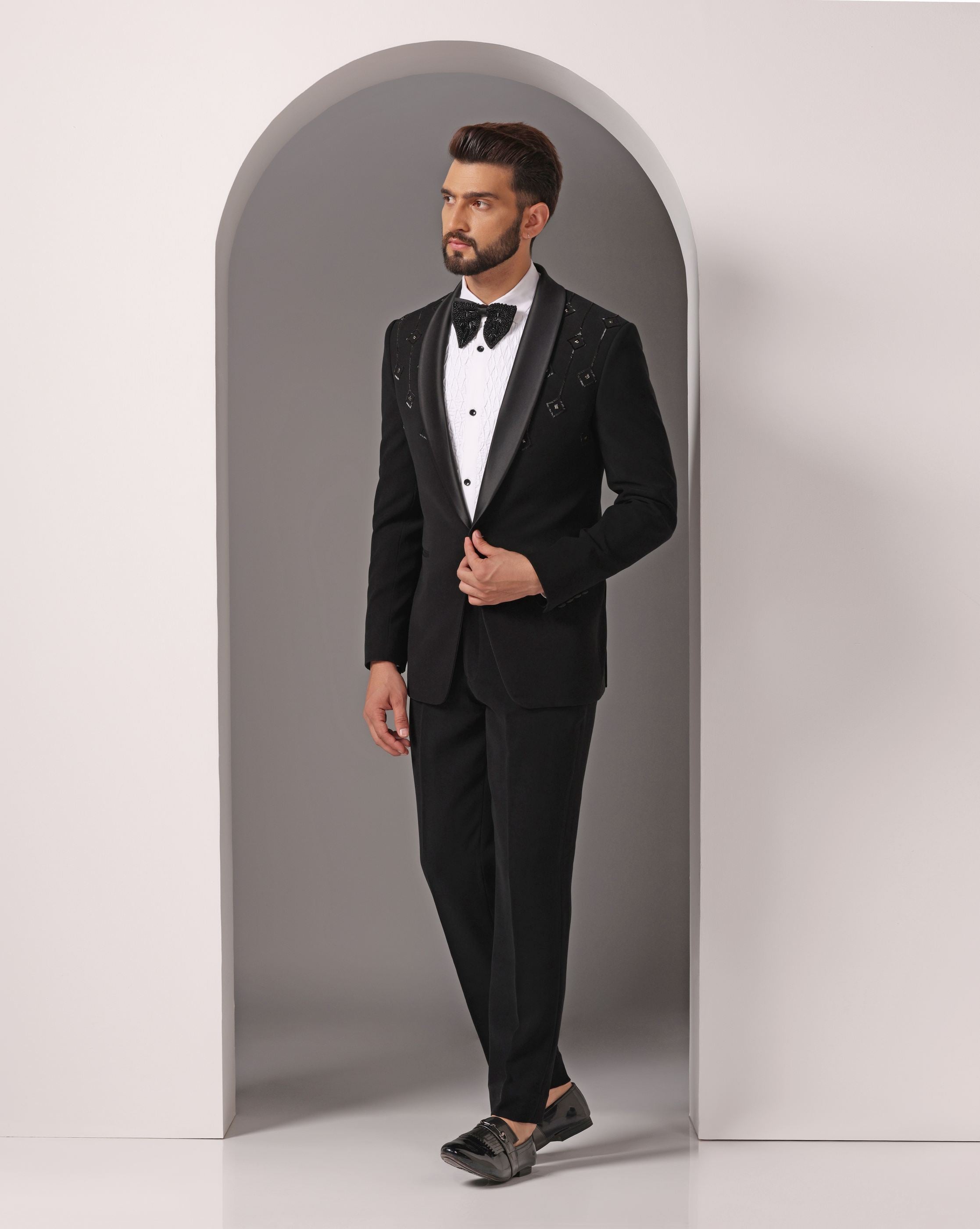 Golden Elegance: Black Cutdaana Hand-Embroidered Tuxedo