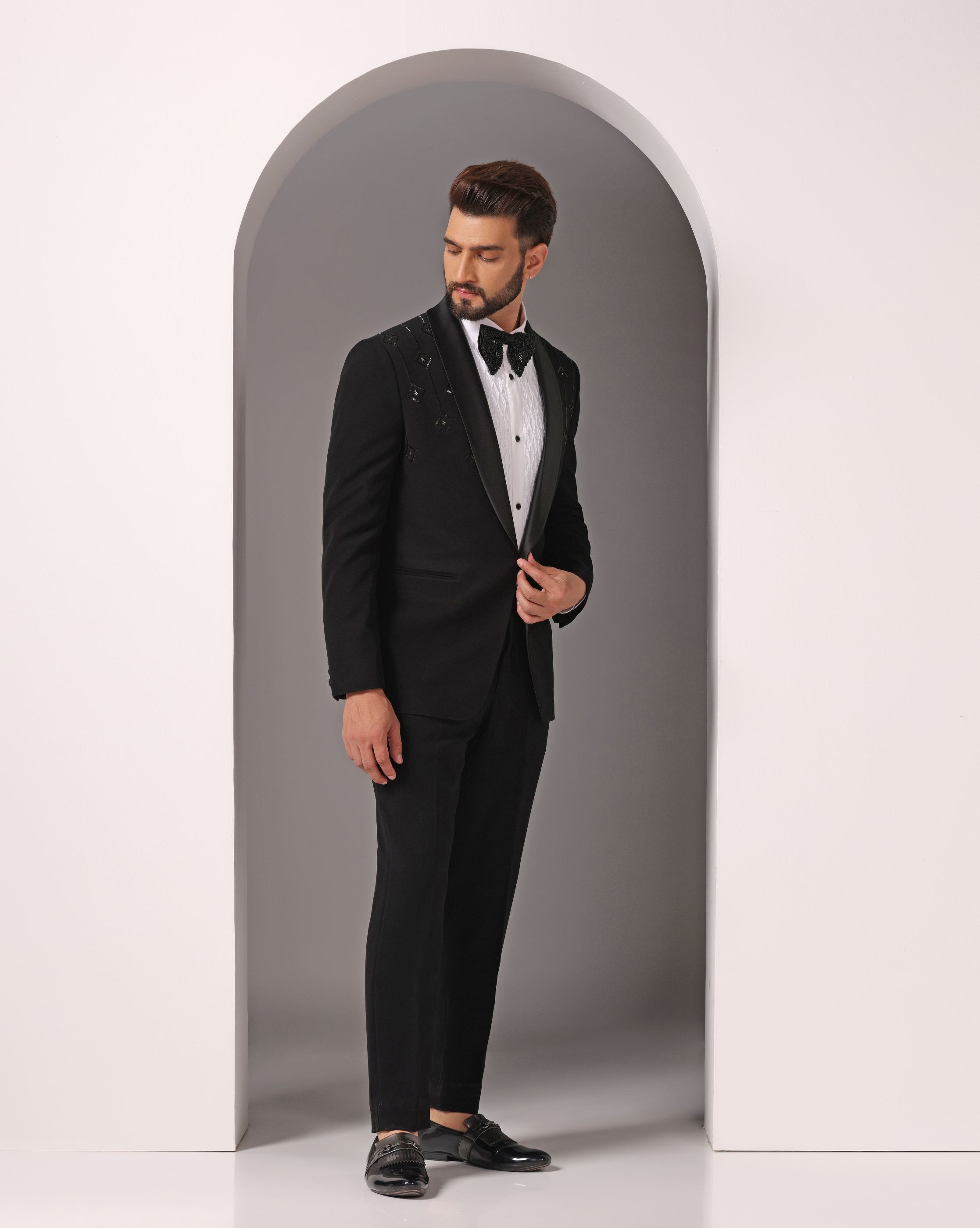 Golden Elegance: Black Cutdaana Hand-Embroidered Tuxedo