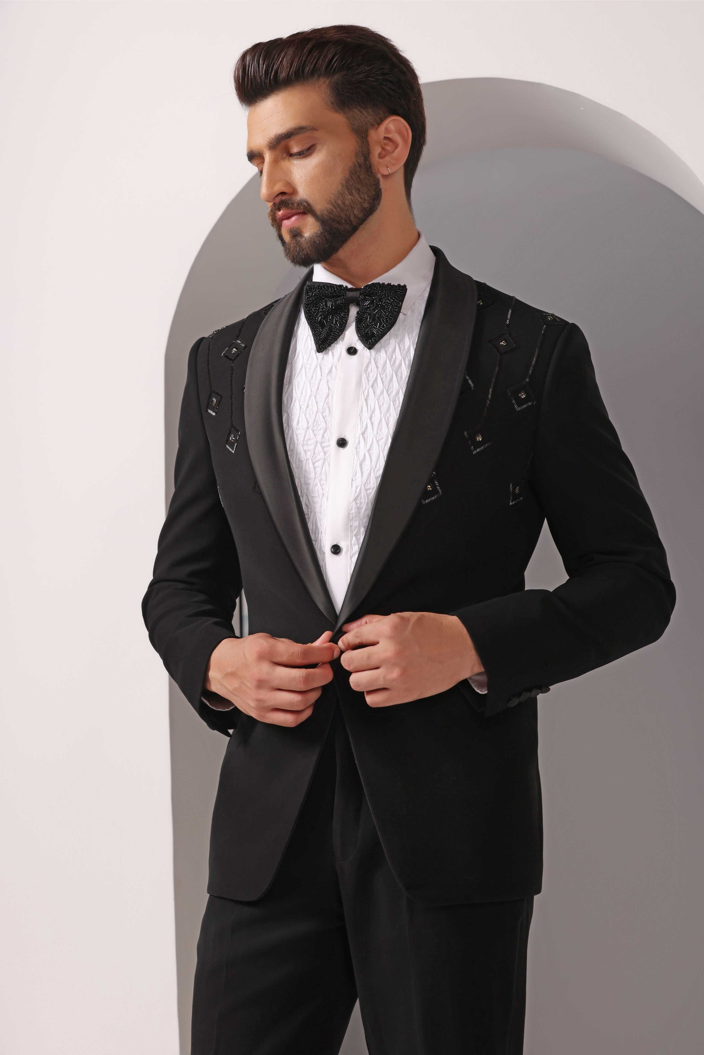 Golden Elegance: Black Cutdaana Hand-Embroidered Tuxedo