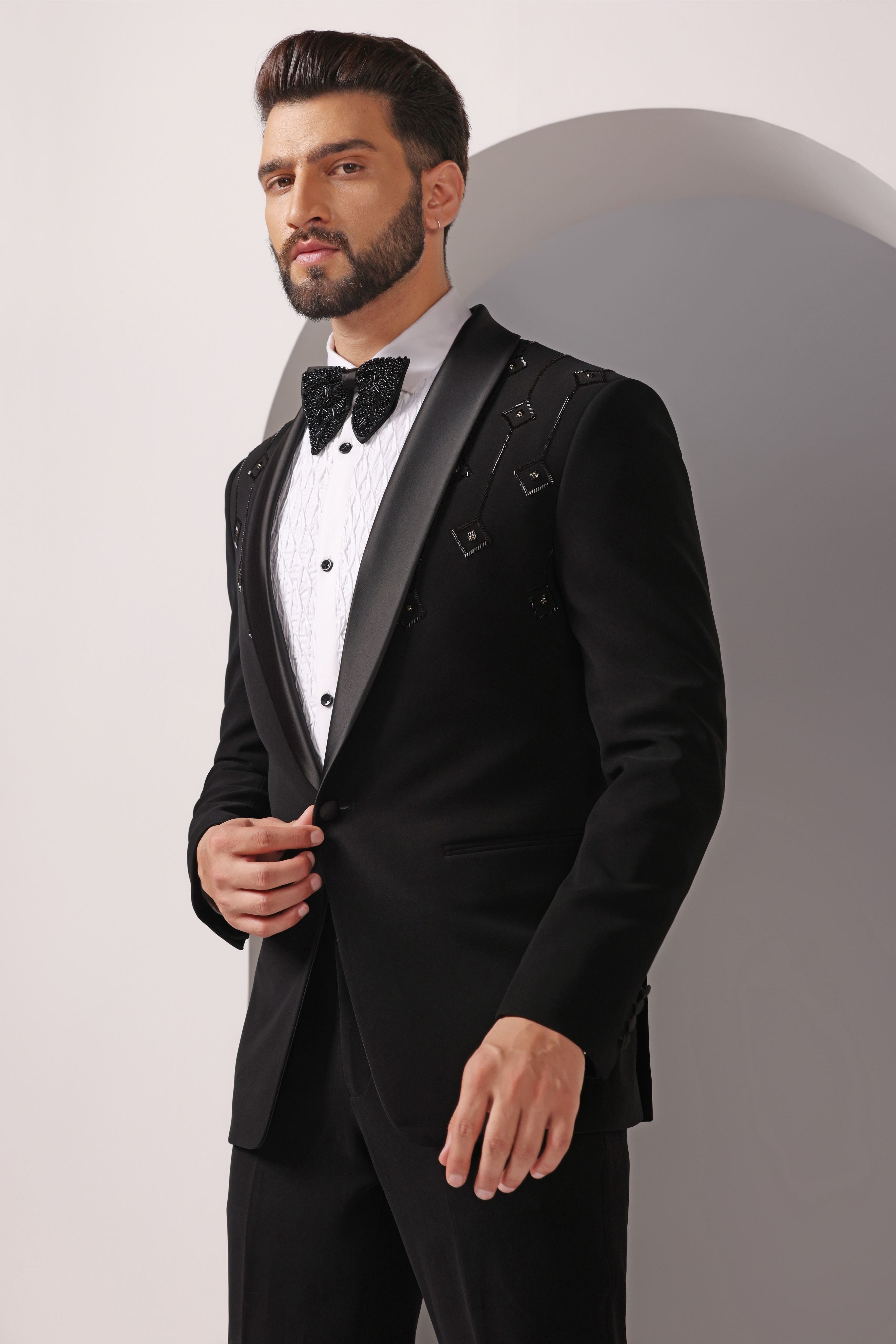 Golden Elegance: Black Cutdaana Hand-Embroidered Tuxedo