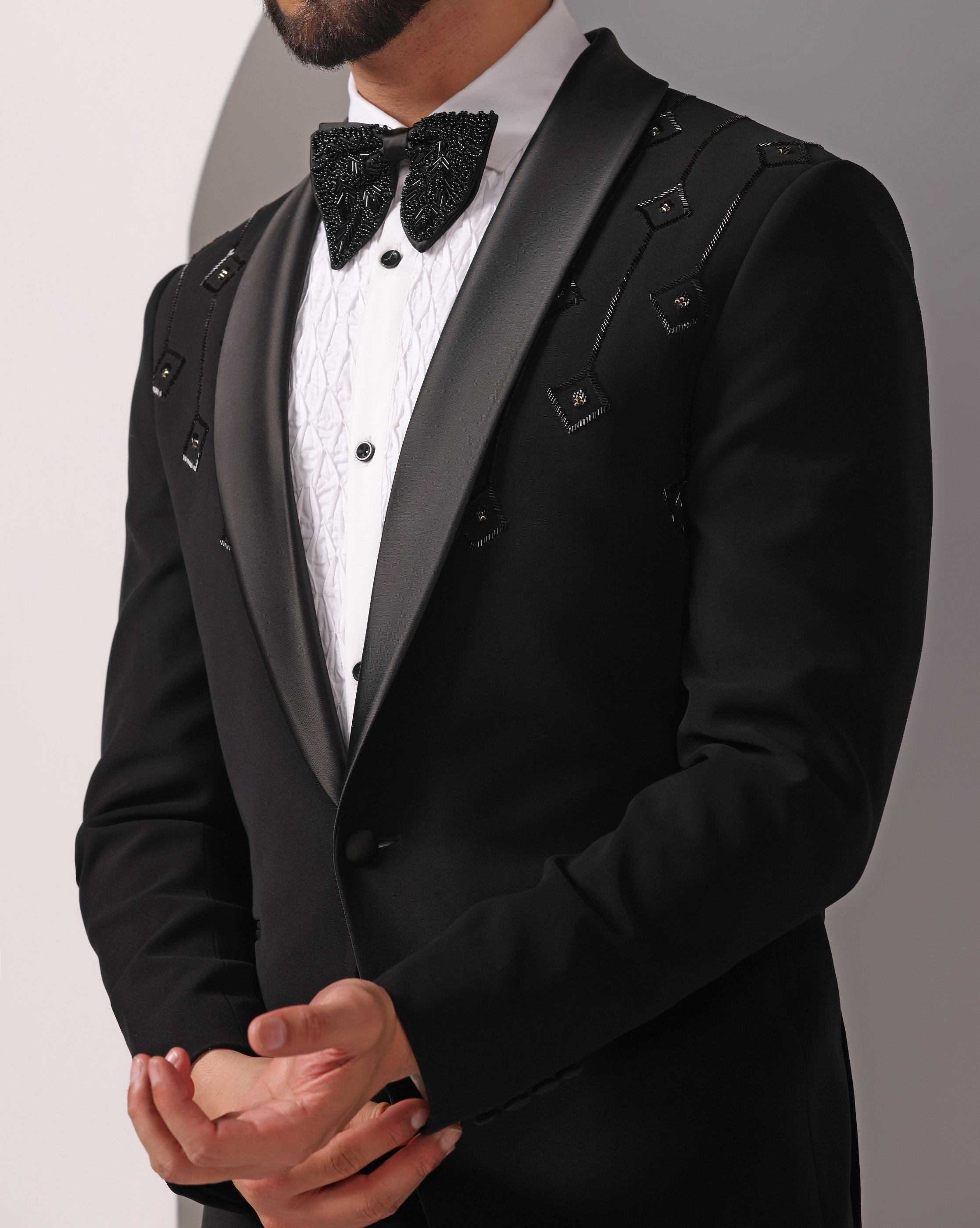 Golden Elegance: Black Cutdaana Hand-Embroidered Tuxedo