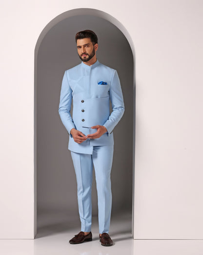 Bandhgala with pintuck details overlap panel skyline | Bhavya Bhasin Couture