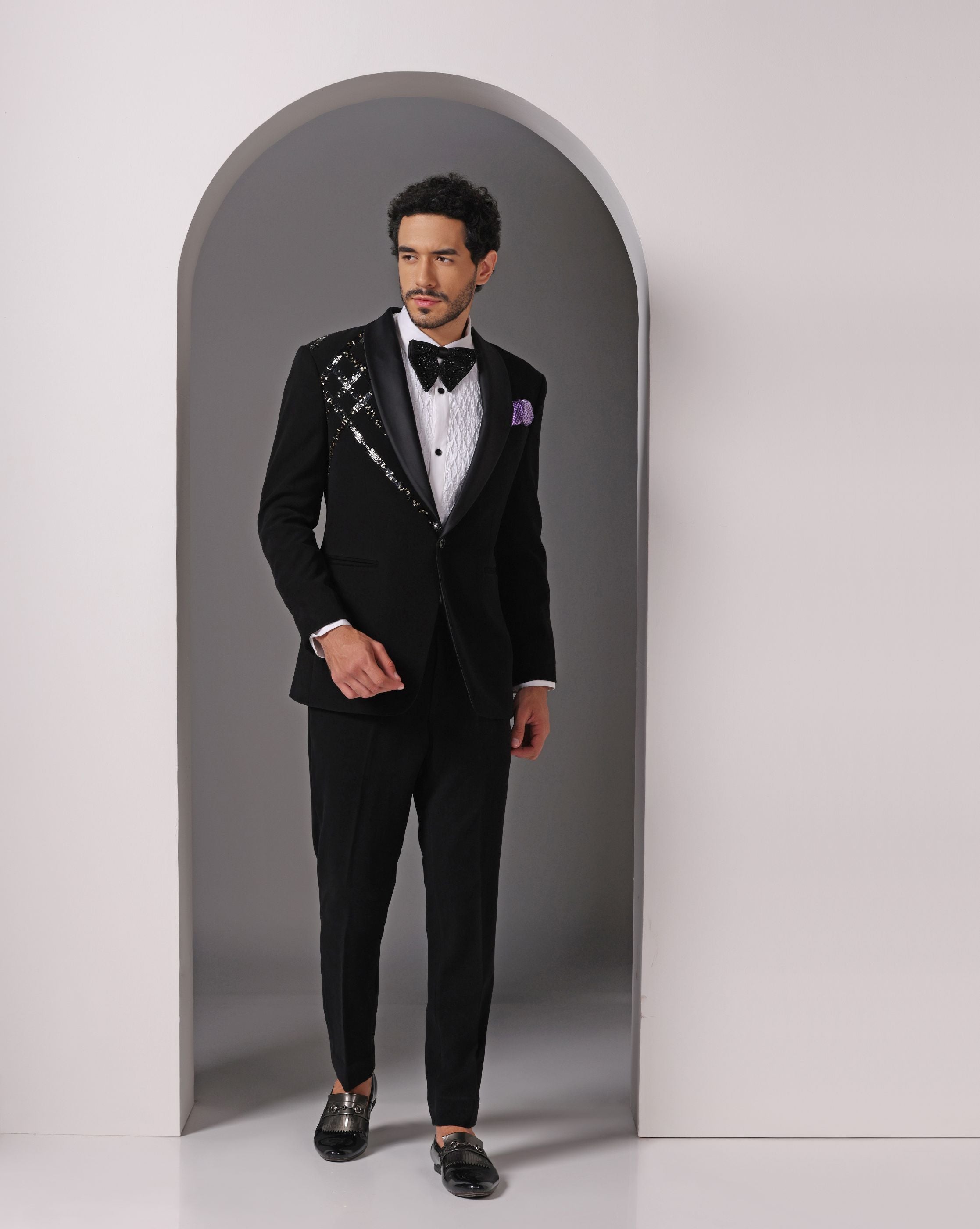 Starry Night: Black Tuxedo with Sequin Detail on Left Shoulder