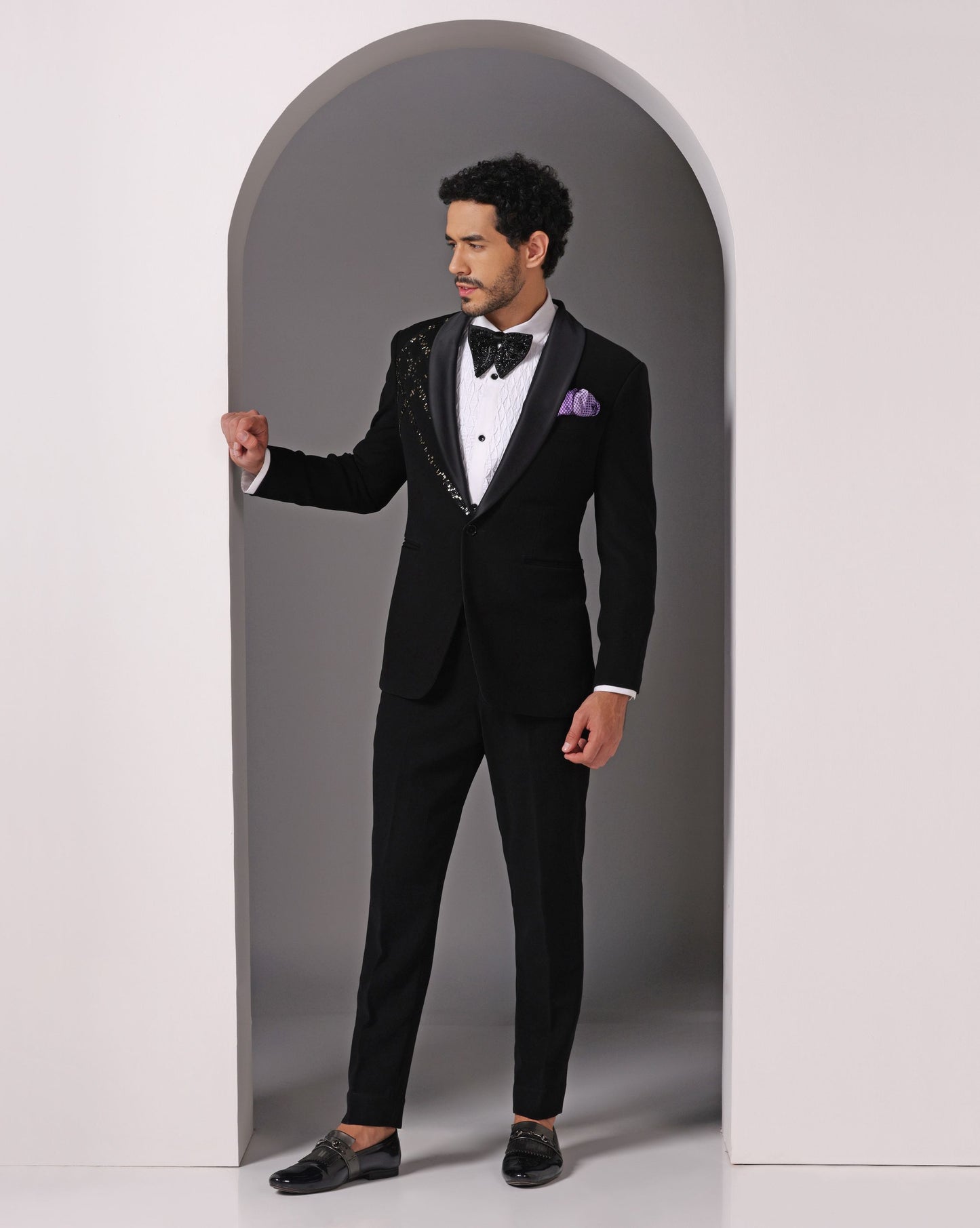 Starry Night: Black Tuxedo with Sequin Detail on Left Shoulder