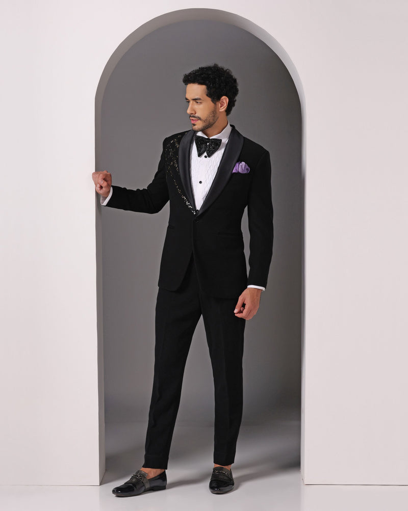 Starry Night: Black Tuxedo with Sequin Detail on Left Shoulder