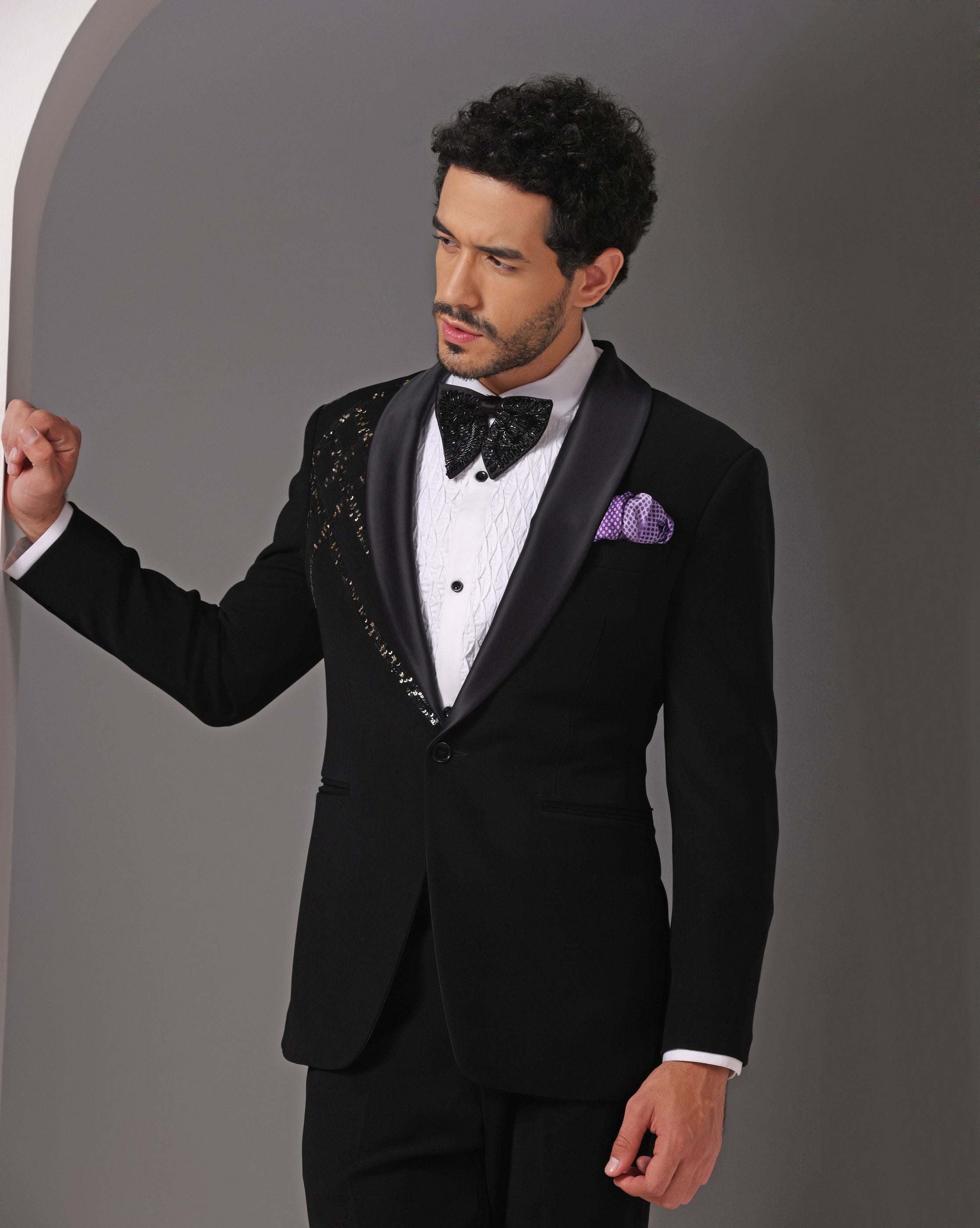 Starry Night: Black Tuxedo with Sequin Detail on Left Shoulder