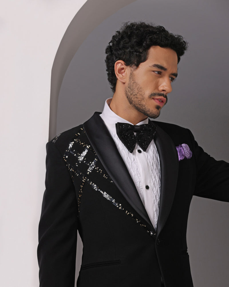 Starry Night: Black Tuxedo with Sequin Detail on Left Shoulder