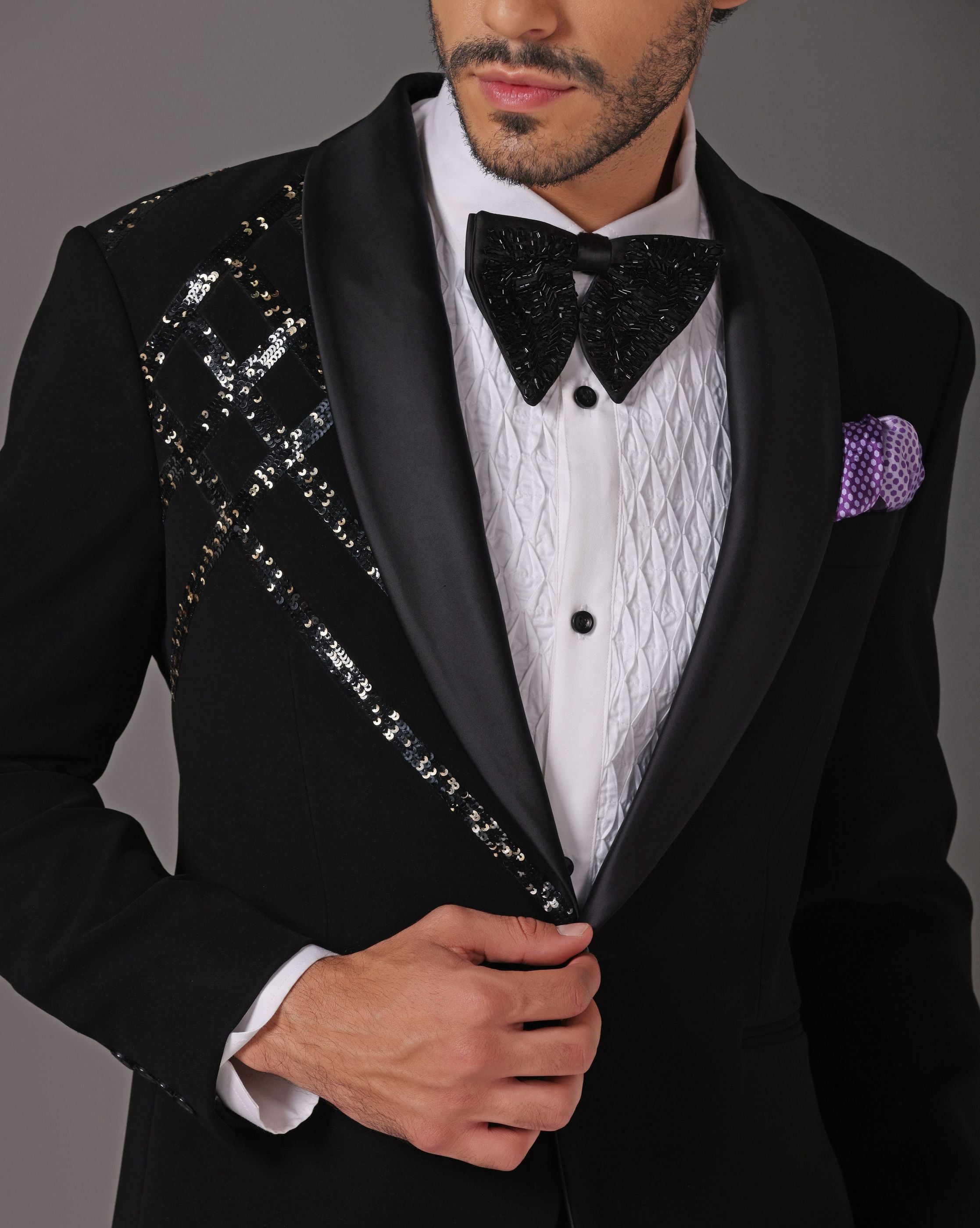 Starry Night: Black Tuxedo with Sequin Detail on Left Shoulder