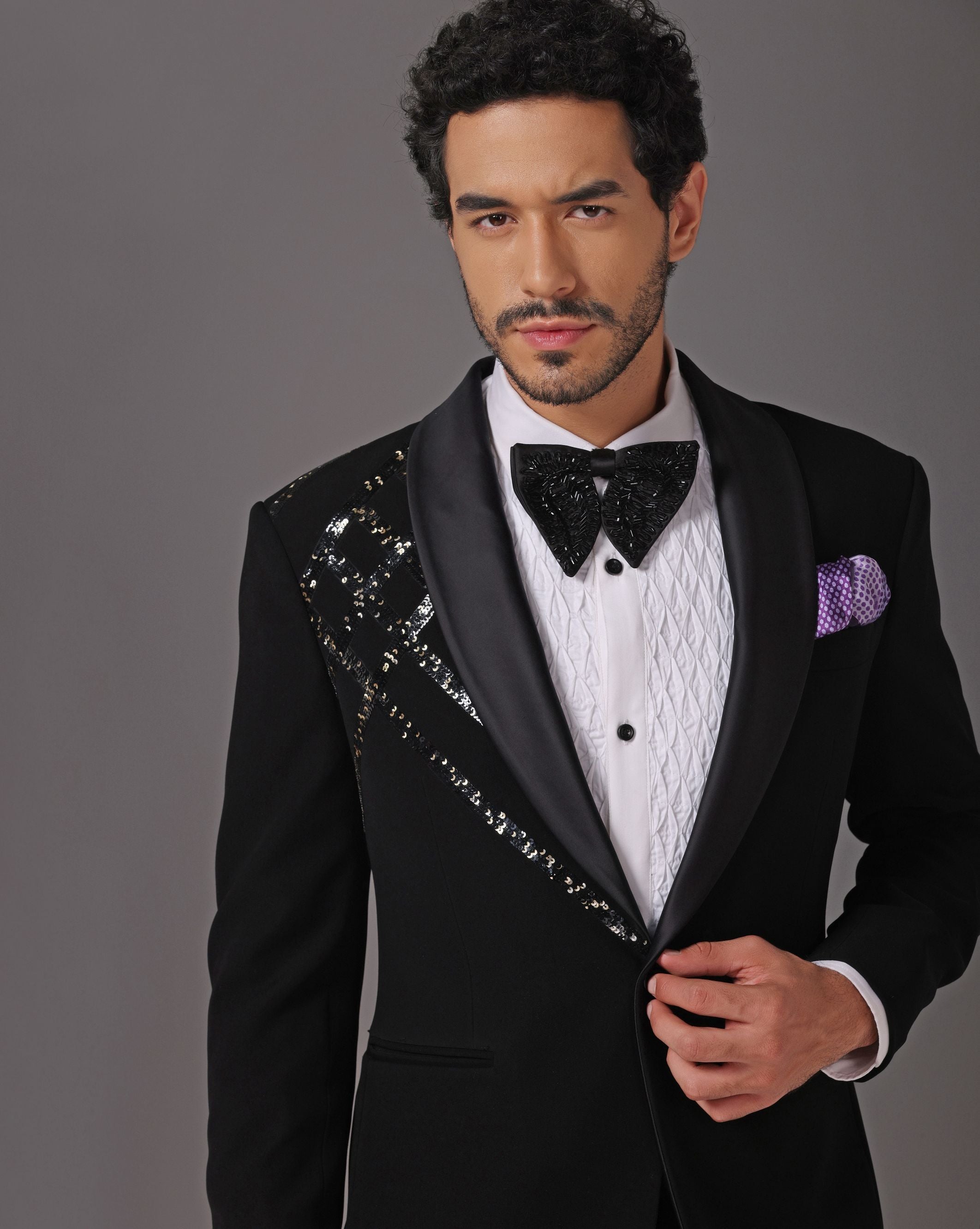 Starry Night: Black Tuxedo with Sequin Detail on Left Shoulder