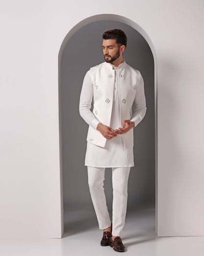 Ivory crepe Nehru jacket with mirror and hand embroidery | Bhavya Bhasin Couture