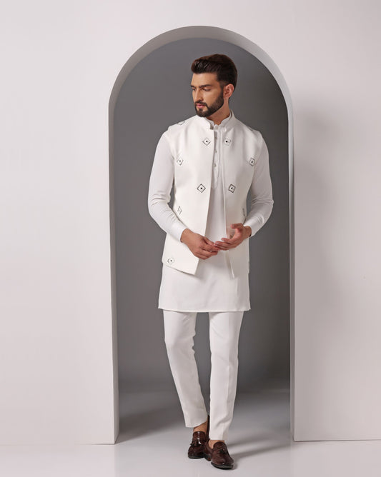 Ivory crepe Nehru jacket with mirror and hand embroidery | Bhavya Bhasin Couture