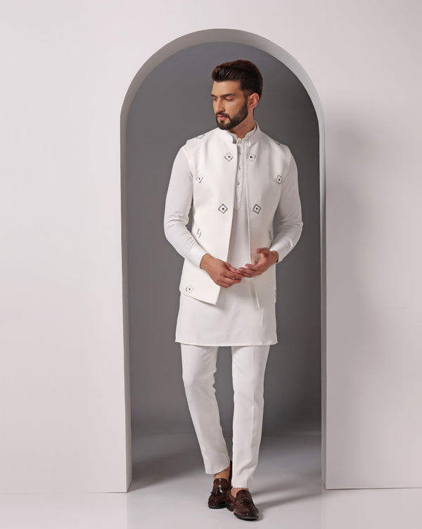Exquisite Ivory Crepe Nehru Jacket Set: Mirror and Hand Embroidery Elegance