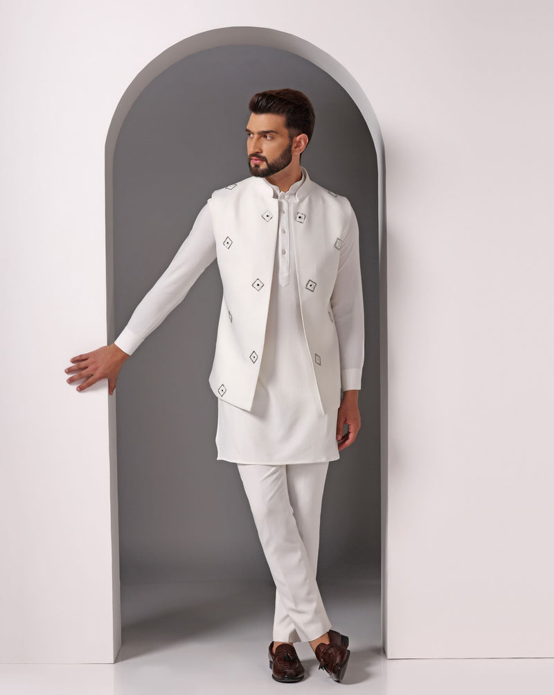 Exquisite Ivory Crepe Nehru Jacket Set: Mirror and Hand Embroidery Elegance