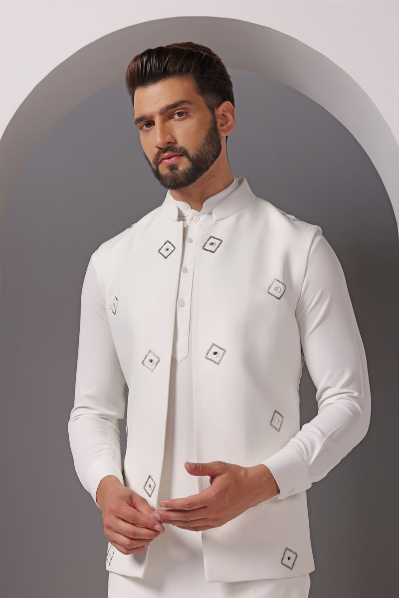 Exquisite Ivory Crepe Nehru Jacket Set: Mirror and Hand Embroidery Elegance